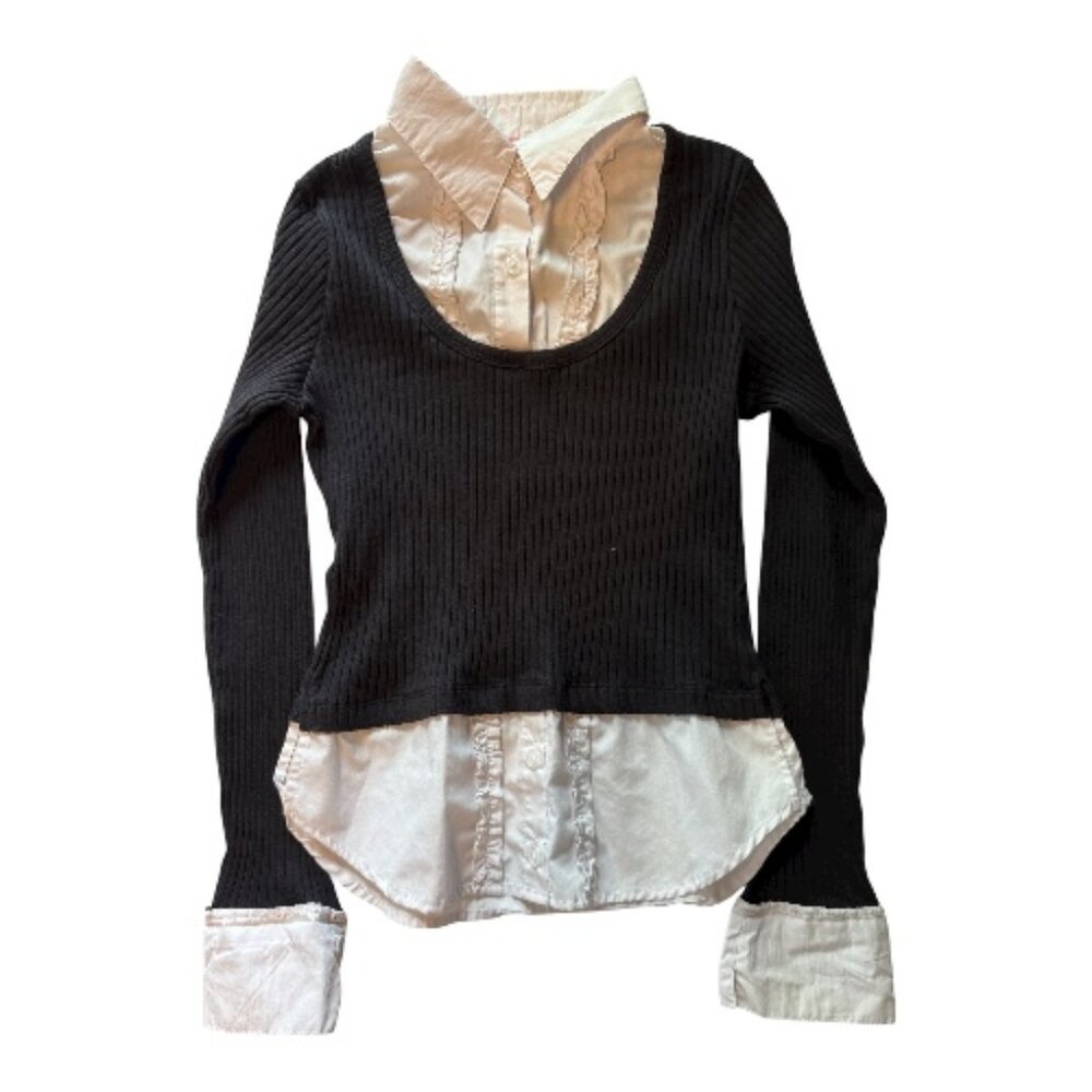 RED PAINT Layered Look ribbed Knit Sweater Over White Button-Down Shirt (2360)